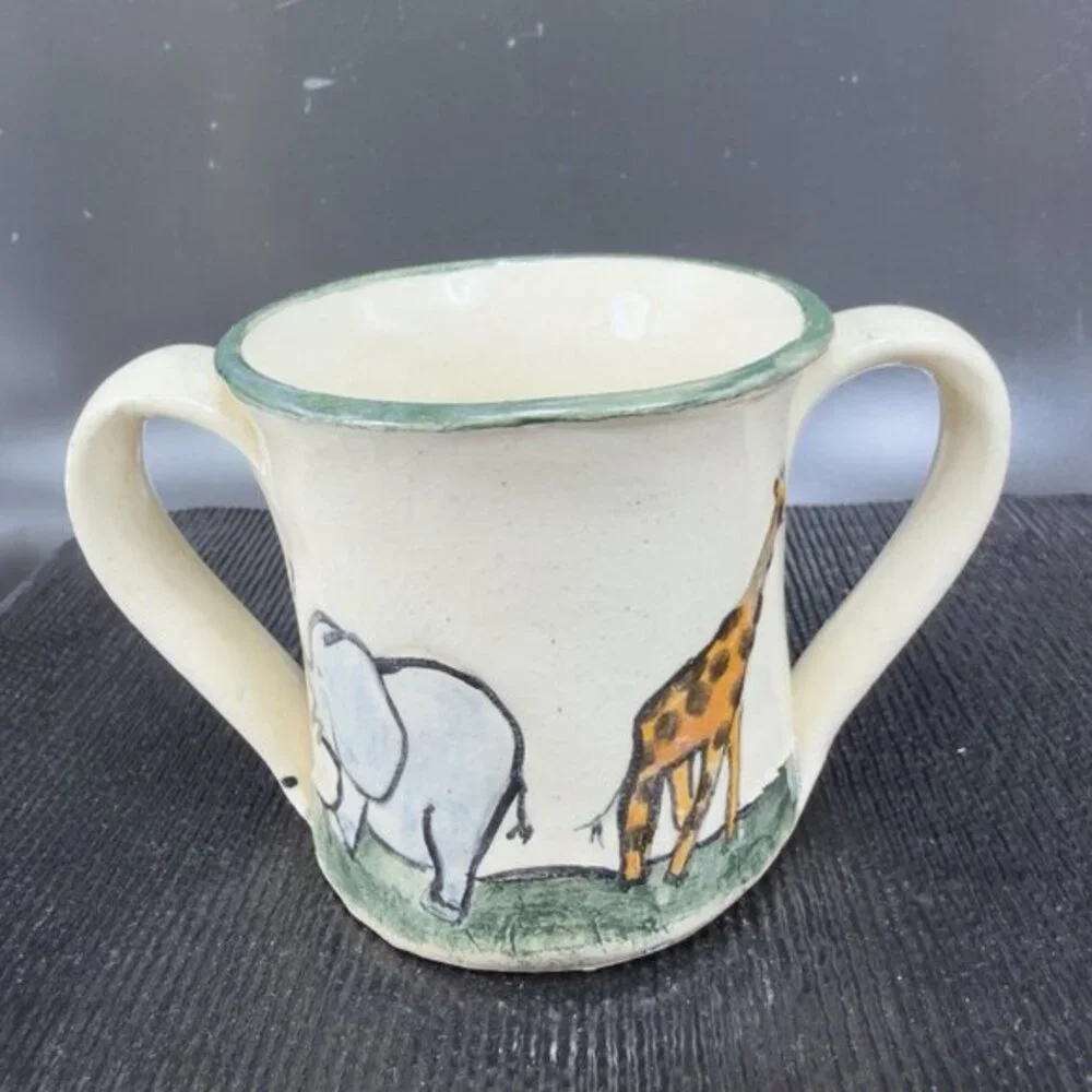 G Miller Signed Handcraft Art Pottery Double Handle Cup Mug Elephant Giraffe VTG